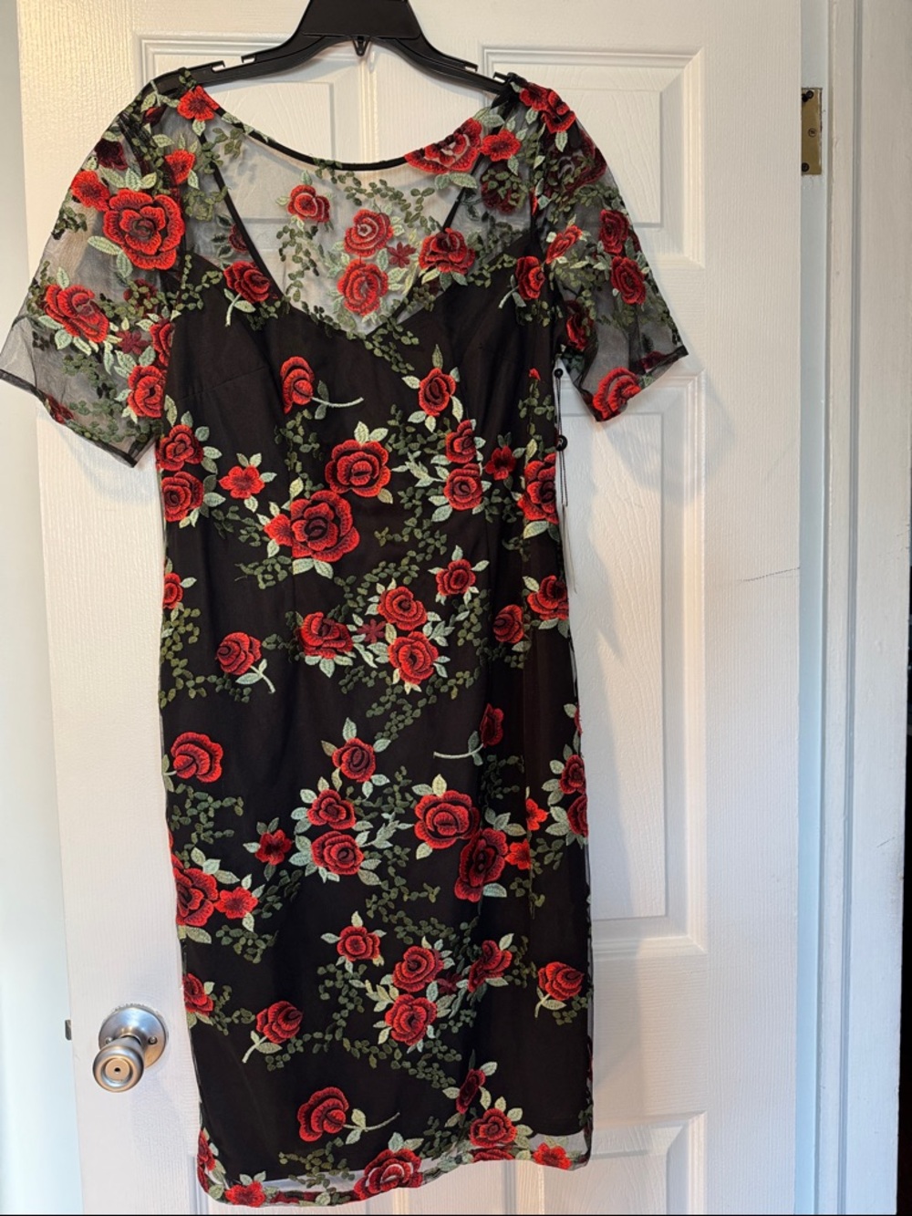 Adrianna Papell Black Midi Dress with Red Rose Embroidery